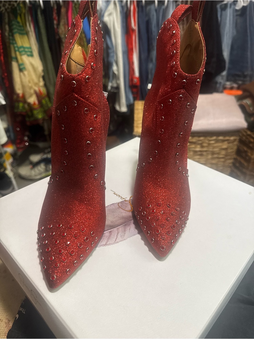 Jessica Simpson Red Glitter Studded Pointed-Toe Heeled Boots